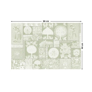 Geet Madhubani Vintage Light Green Indian Wall Art Digital Print Poster in 44x66cm, showcasing intricate Indian folk motifs in soft sage tones.