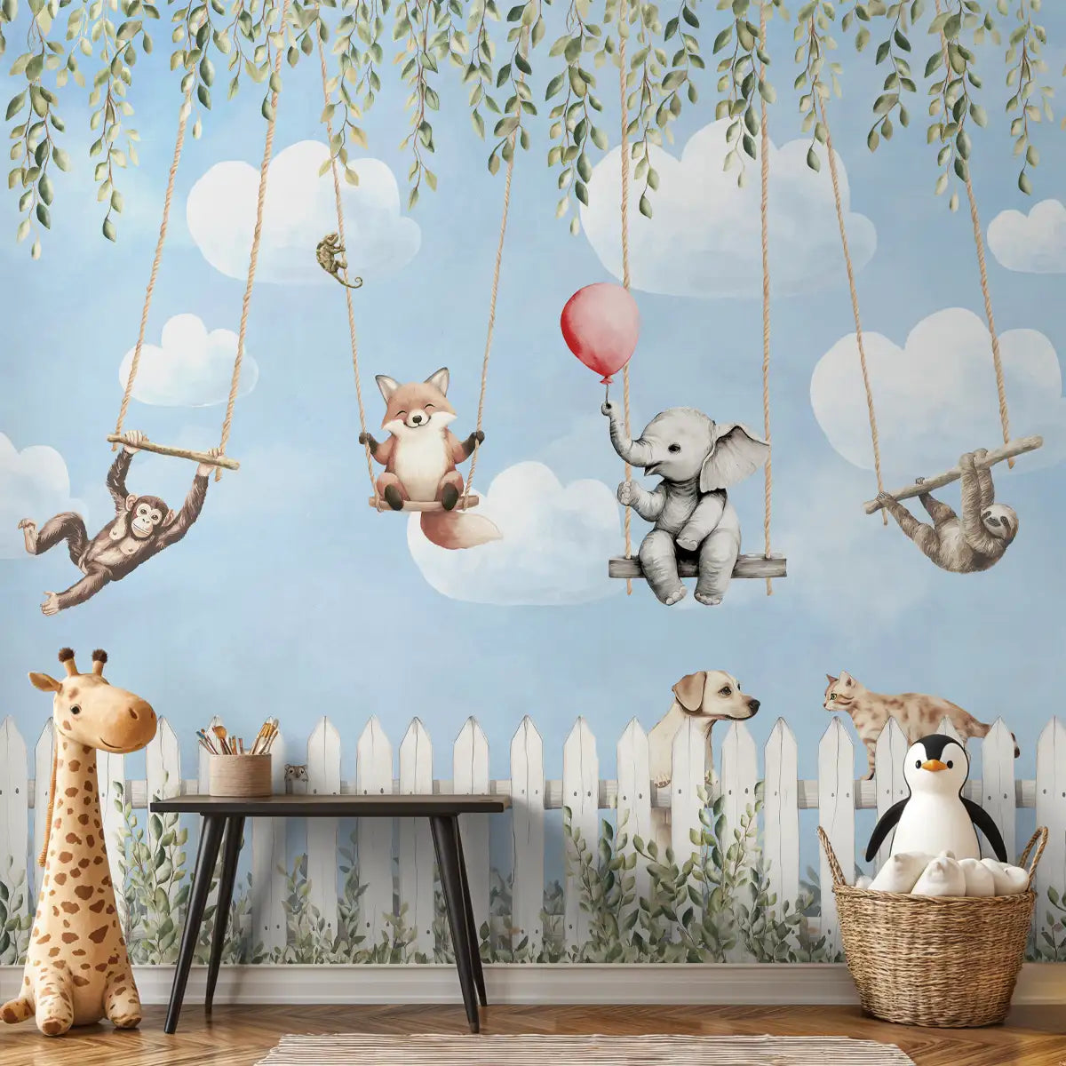 Animals Kids Room Wallpaper- Blue Giggle Garden Life n Colors