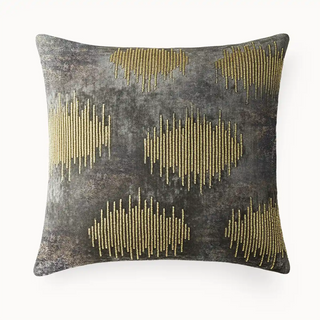Front view Velvet Gilded Echo Cushion Cover with its clusters of vertical gold thread embroidery