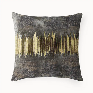Front  View Gold Pulse Cushion Cover a luxurious cushion, features a striking horizontal band of intricate gold embroidery across the center