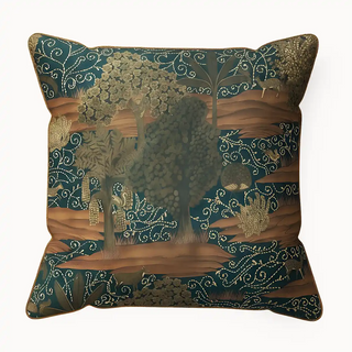 Front View of Golden Terrain Cushion Cover A luxurious cushion, features a striking horizontal band of intricate gold embroidery across the center