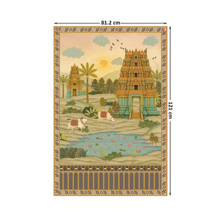 Large Gopuram wall art in 81.2x121cm, showcasing temple architecture, palm trees, and cows beside a lotus pond in a vibrant Indian landscape.