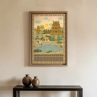 Gopuram temple wall art displayed above a console table with vases, bringing artistic Indian architectural beauty to interior walls.