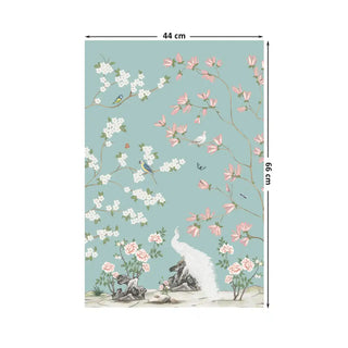 Grace Embrace European Embroidered Wall Art in 44x66cm, featuring hand-embroidered floral motifs of white and pink blossoms with perched birds on a teal backdrop.