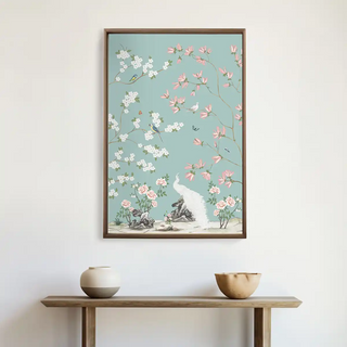 Grace Embrace European Embroidered Wall Art showcased above a wooden console with vases, accentuating soft embroidery textures and refined botanical detailing.