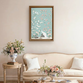 Grace Embrace European Embroidered Wall Art displayed above a beige sofa with floral accents, blending artistic embroidery with classic European elegance.