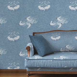 Graceful Cranes Oriental Wallpaper Roll in Blue Color Living Room