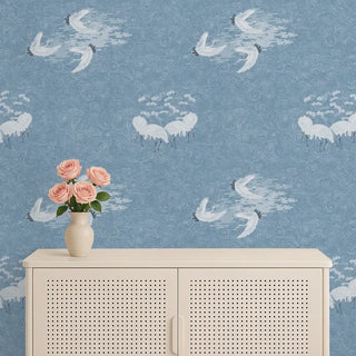 Graceful Cranes Oriental Wallpaper Roll in Blue Color