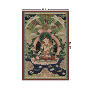 Green Tara Buddhist Indian Wall Art Digital Print Poster in 81.2x121cm, featuring a richly colored depiction of the goddess surrounded by floral and celestial patterns.