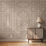 Gul Indian Mughal Art beige Wallpaper with a tree of life in an arch and intricate floral panel designs