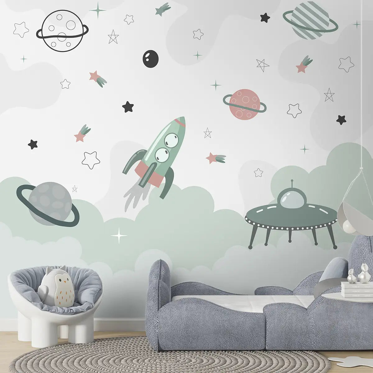 Buy Green and Pink Space Theme Children Wallpaper, Customized