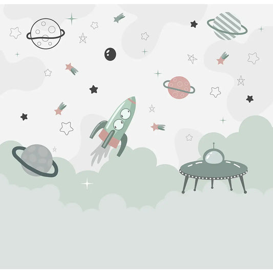 Green and Pink Space Theme Children Wallpaper, Customized