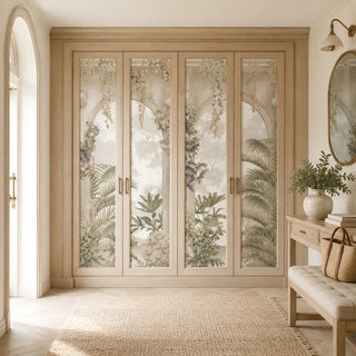 Heritage Arches Luxury Wallpaper in cream and beige, featuring classical arches with hanging vines and lush foliage on a wooden wardrobe. view-wardrobe
