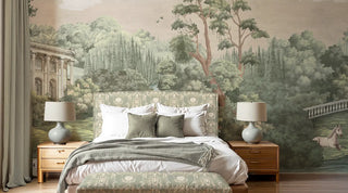 Bedroom with decorative headboard and wallpaper of a garden scene.