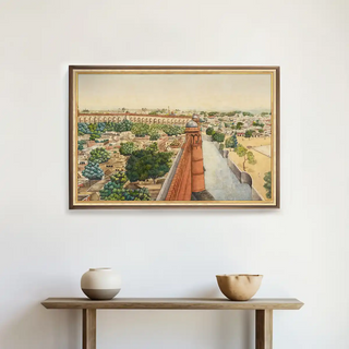 Imperial Delhi Vintage Indian Wall Art displayed above a minimalist console with neutral pottery décor, creating a blend of culture and sophistication.