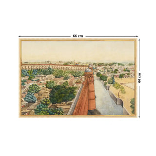 Imperial Delhi Vintage Indian Wall Art Digital Print Poster in 44x66cm, featuring a panoramic view of Delhi’s heritage architecture and Mughal fort walls.