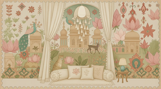 Decorative wallpaper with peacocks, flowers, and architectural elements.