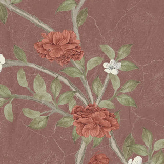 Floral design with red flowers and green leaves on a textured Dsty pink wallpaper