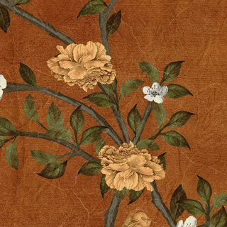 Floral design with beige flowers and green leaves on a brown textured wallpaper background