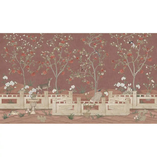 Decorative border with floral and animal designs on a pink wallpaper