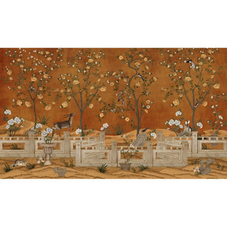 Decorative border with trees, animals, and geometric patterns on a brown wallpaper