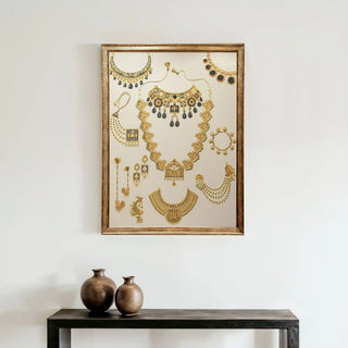 Jewels of Nizam embroidered wall art framed above a console table with vases, adding royal Indian elegance to contemporary interiors.