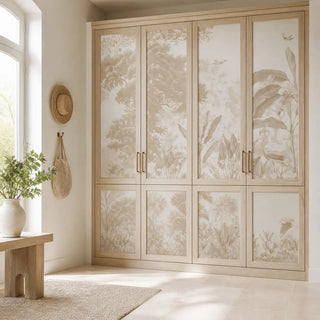 A Wardrobe Showcasing Jhurmut Tropical Wallpaper in Sepia Color. view-wardrobe
