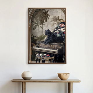 Jungle Noir European Wall Art displayed above a wooden console with minimalist pottery décor, evoking artistic grandeur and a sense of mystery.