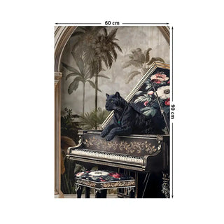 Jungle Noir European Wall Art Digital Print Poster in 60x90cm, showcasing an opulent black panther on an ornate piano with palm trees and vintage architecture.