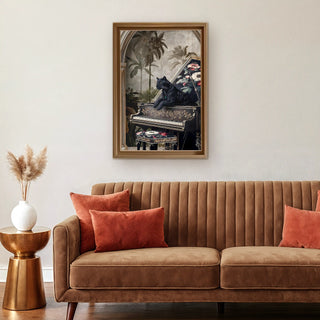 Jungle Noir European Wall Art framed above a brown velvet sofa with rust cushions, adding dramatic charm and luxury to modern interiors.