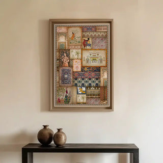 Kahani Vintage Indian Wall Art displayed above a minimalist console with pottery décor, merging heritage artistry with modern home design.