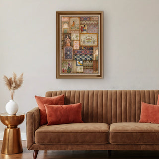 Kahani Vintage Indian Wall Art framed above a brown velvet sofa with rust cushions, adding an artisanal and storytelling charm to contemporary interiors.