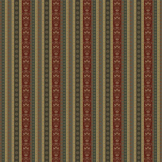 Patterned wallpaper with vertical stripes in red, green, and brown on a dark background