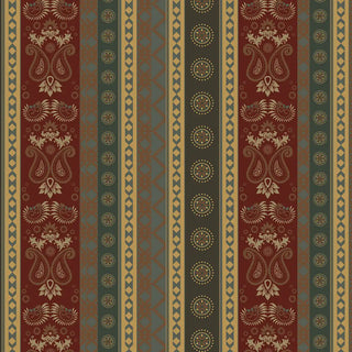 Decorative pattern wallpaper with vertical stripes in red, green, and gold.