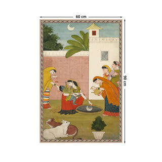 Kanha Vintage Indian Wall Art Digital Print Poster in 60x90cm, depicting baby Krishna’s playful moment surrounded by women in traditional attire and soft earthy tones.