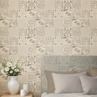 Kantha Indian Wallpaper Roll in Cream Color Bedroom