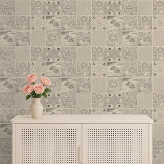 Kantha Indian Wallpaper Roll in Cream Color Living Area