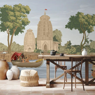 Decorative wall mural with a temple, boat, and table setting. Traditional Indian art wallpaper depicting a royal procession with an elephant and a horse-drawn carriage in a garden scene.
