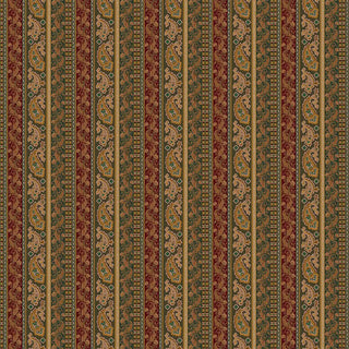 Patterned wallpaper with vertical stripes in red, green, and beige.