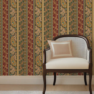 Decorative chair with a patterned wallpaper behind it