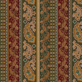 Patterned wallpaper with paisley design in red, green, and gold on a striped background
