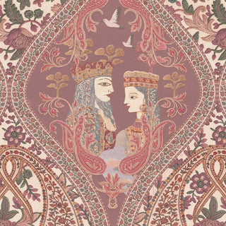 A close-up of the Kashmiriyat Indian Style Wallpaper, highlighting the rich, intricate details of the miniature-style portraits and flowers within the pattern.