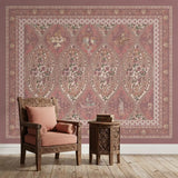 The Kashmiriyat Indian Style Wallpaper mural, showing a full view of the Mughal-inspired pattern with a central motif featuring birds, flowers, and a detailed frame. view-livingroom