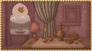 Decorative home decor scene with a table setting, lamp, and window view in a warm-toned interior.