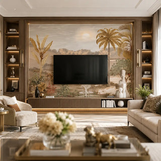 The Kasturi setup offers a luxurious escape through its grand tropical landscape mural, which serves as a serene, sepia-toned backdrop for the modern home. Framed by rich wooden cabinetry and illuminated by warm, indirect lighting, the space balances the wild beauty of nature with the clean lines of contemporary high-end design. With its golden hues, fluted textures, and airy palette, this interior creates an inviting, upscale sanctuary that feels both timeless and deeply relaxing. view-tvpanel
