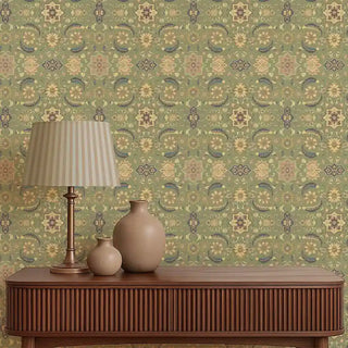 Khumar Indian Wallpaper Roll in Olive Green Color Living Room