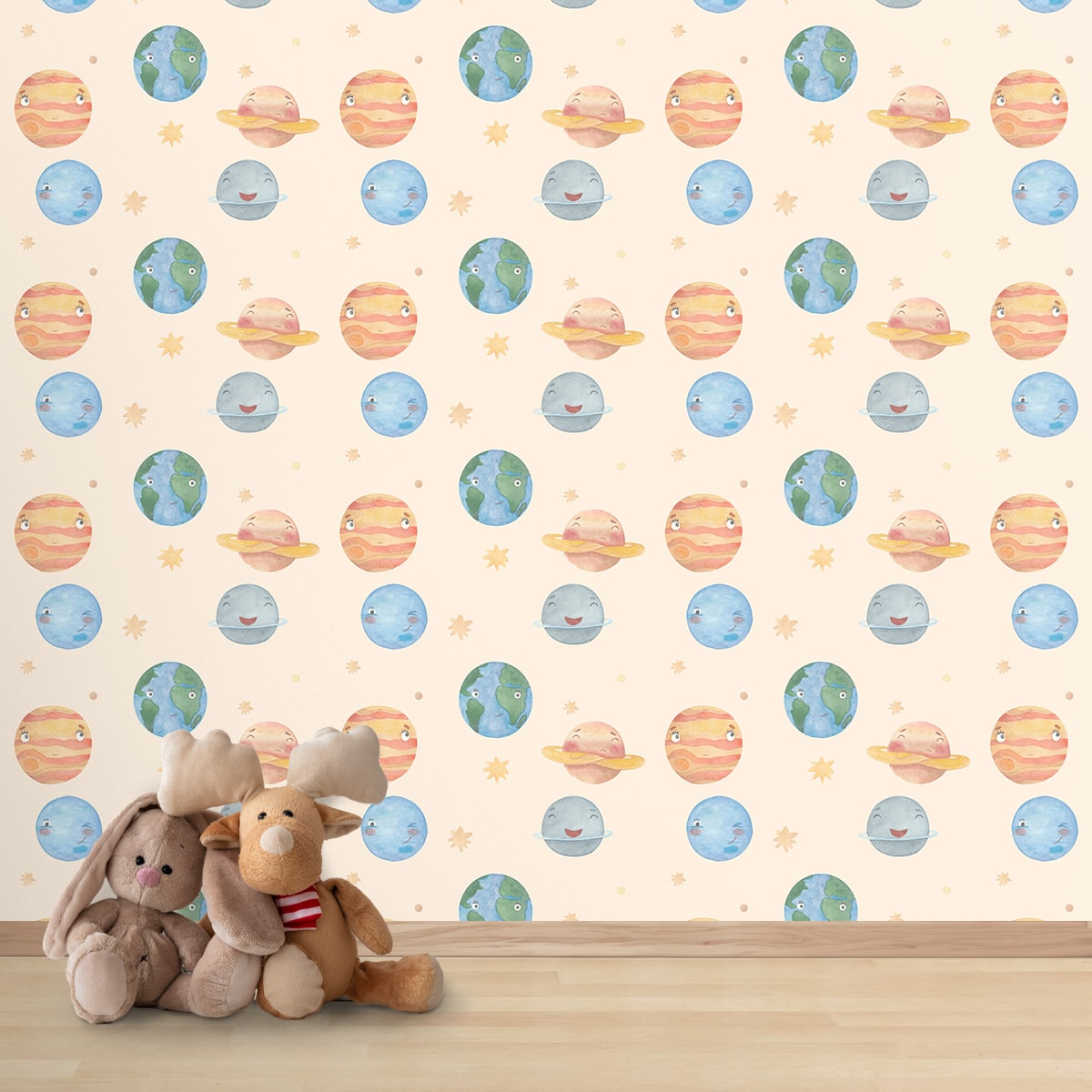 Planetary Playtime, Space Theme Wallpaper for Kids Room, Cream