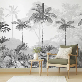 Kovalam Paradise, Palms Wallpaper for Rooms, Black & White, Customised. Living room with a chair against a wall featuring palm tree wallpaper.