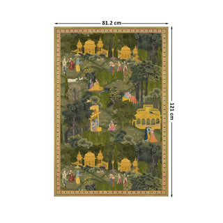 Krishna Leela Indian Wall Art Digital Print Poster in 81.2x121cm, a detailed depiction of classical Indian romance and spirituality with regal architecture and flora.