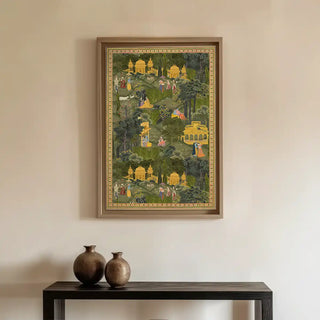Krishna Leela Indian Wall Art displayed above a minimalist console table with pottery accents, infusing interiors with heritage and devotional charm.